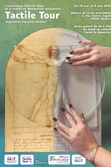 Affiche du Tactile Tour où l'on voit une partie de L'homme de Vitruve et sa reproduction