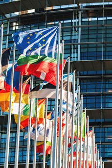Le Parlement européen de Strasbourg avec les drapeaux des pays européens
