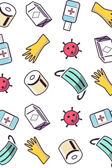 Des symboles de l'épidémie : coronavirus, gel hydroalcoolique, gants, masques