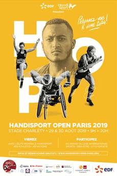 Affiche du Handisport Open Paris de couleur jaune et où apparaissent des athlètes handisport en plein effort